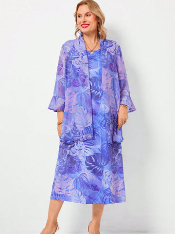 Plus Size Women's Plant Print Sleeveless Dress With Jacket Ripe Elegant Mom   2-Piece Set