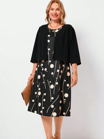 Plus Size Women's Casual Sleeveless Polka Dot And Floral Print Dress With Black Jacket, Ripe Elegant Mom  2pcs Outfit