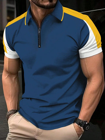 Men Summer Colorblocking Zip Placket Short Sleeve Casual Work Polo Shirt