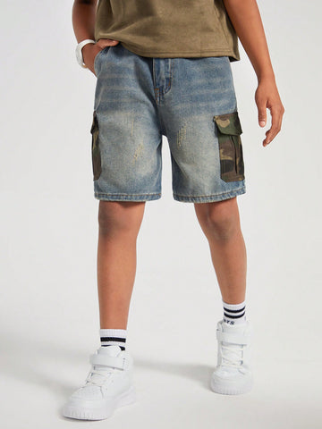 Tween Boys Casual Comfortable & Soft Frayed Camo Cargo Pocket Vintage Washed Loose Straight Leg Blue Bermuda Denim Shorts For Summer