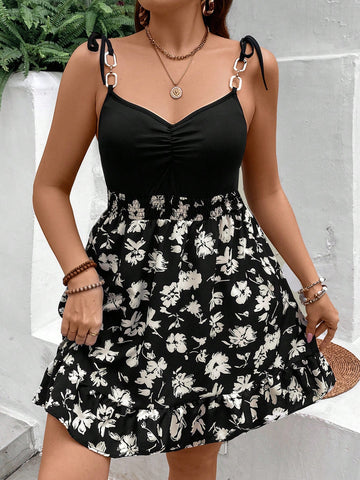 Plus Size Floral Printed Splice Strappy Vacation Casual Dress