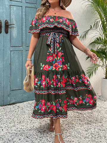 Plus Size Vacation Leisure Floral Geometric Print Off-Shoulder Gathered Waist Long Dress