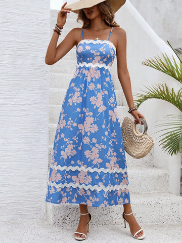 Summer Holiday Woven Strap Floral Printed Spaghetti Strap Dress