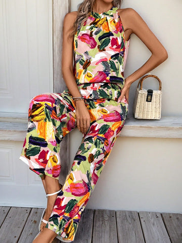 Women Sleeveless Halter Neck Vacation Casual Top And Long Pants Two Piece Set Summer