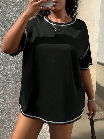 Plus Size Black And White Contrast Color Loose T-Shirt With Decorative Stitching