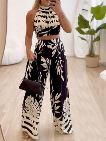 Random Plant Printed Women's Halter Neck Top And Long Pants Two Piece Set For Summer