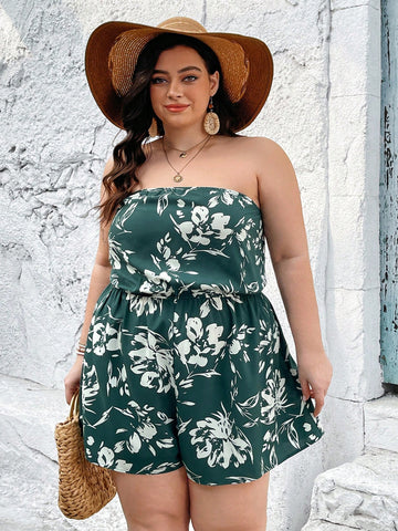 Plus Size Floral Print Strapless Romper For Vacation