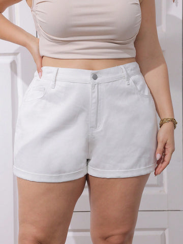 Plus Size Summer Casual Solid Color Cuffed Denim Shorts