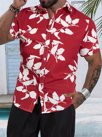 Men Short Sleeve Casual Shirt With Floral Print, Summer