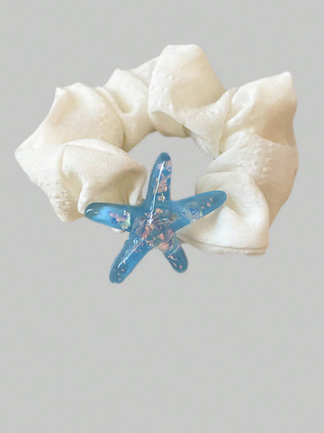 1pc Blue Starfish Design Hair Scrunchie (Position Of Starfish Glitter Random)