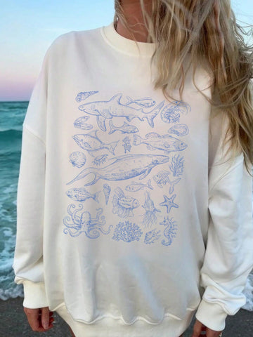 Casual Ocean Life Printed Loose White Round Neck Long Sleeve Women Sweatshirt, Suitable For Autumn And Winter