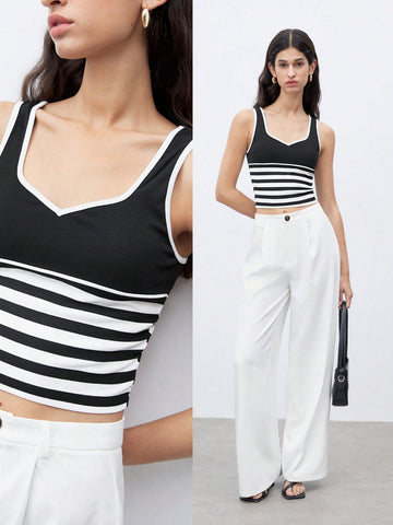 Women Stylish Comfortable Sleeveless Black And White Striped Vest