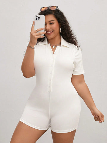 Plus Size Women Summer Button Placket Short Sleeve Solid Color Casual Romper