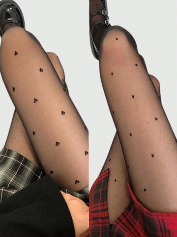 2 Pairs Heart & Polka Dot Patterned Sheer Stockings