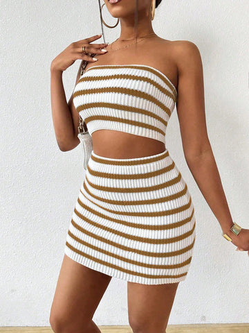 Women Summer Color Block Striped Bodycon Strapless Midi Dress And Sweater Two-Piece