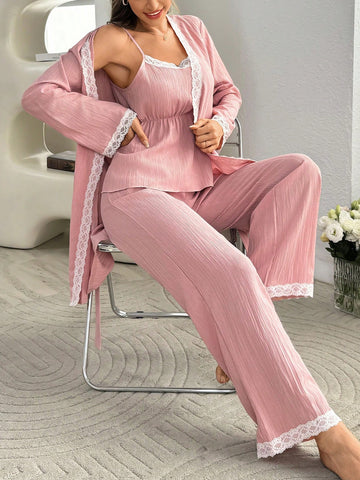Casual Three-Piece Set For Women, Consisting Of A Patchwork Lace Long-Sleeved Top, A Camisole Vest, And Pants For Sleepwear