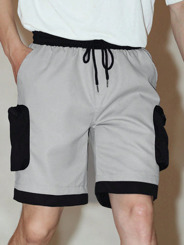 Men Drawstring Waistband Colorblock Shorts With Pockets For Daily Casual Wear And Loose Fit