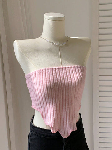 Summer Going Out Hot Pink Asymmetrical Hem Knit Tube Top