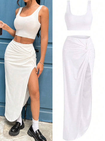 White Knitted Women's Slim Fit Vest And Split Hem Skirt Set