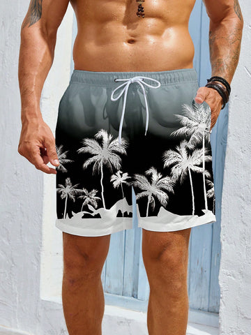 Men Coconut Tree Print Gradient Beach Shorts For Vacation