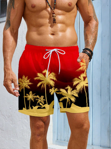 Men Gradient Coconut Tree Printed Drawstring Swim Trunks For Summer