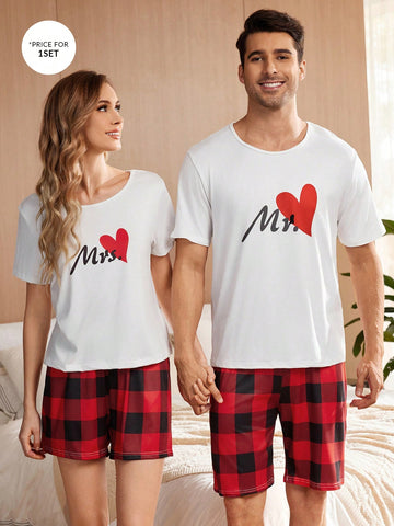 Men Love Heart Letter Print Short Sleeve Top And Gingham Shorts Homewear Set