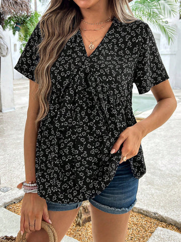 Maternity Fashionable Summer Printed V-Neck Loose Fit Short Sleeve Blouse