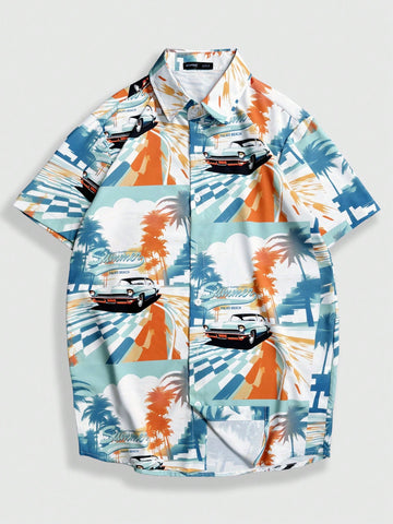 Men Coconut Tree Print Short Sleeve Summer Vacation Shirt