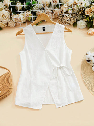 Solid Color Wrap & Tie Detail Sleeveless Women Shirt For Summer