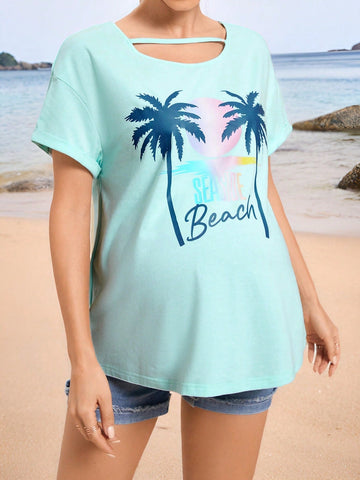 Maternity Island Vacation Young Casual Round Neck Soft Shoulder Coconut Tree Pattern Regular Loose Pregnant T-Shirt