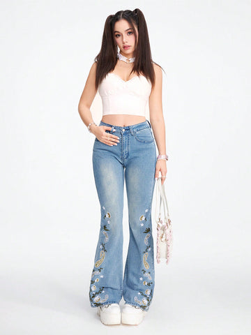 Women High Waist Embroidered Flared Casual Jeans With Pockets