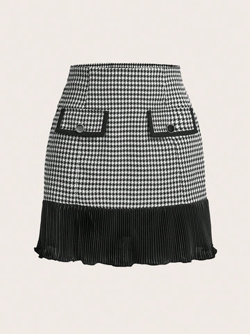 Vintage Elegant Women's Half-Length Skirt Made Of Soft Wrinkle Fabric With Houndstooth Pattern, Spring/Summer Plaid Black Skirt Mini Skirt