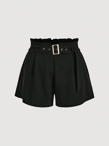 Plus Elegant And Simple Loose Shorts With Detachable Metal Decorative Belt, Suitable For Office Work And Daily Wear