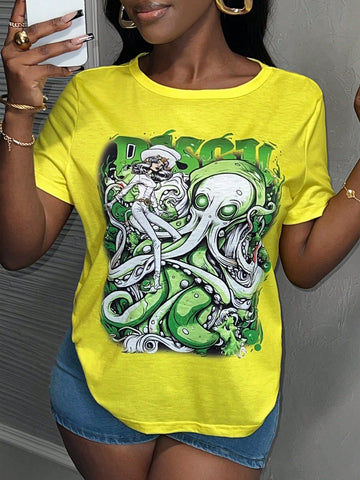 Women Summer Round Neck Short-Sleeved Green Fantasy Octopus Print Casual T-Shirt