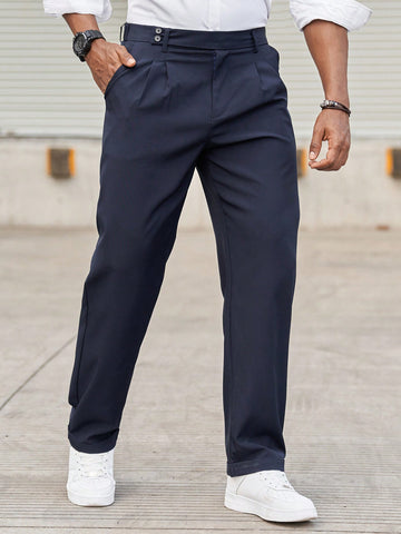 Men Solid Color Pleated Straight-Leg Casual Suit Pants
