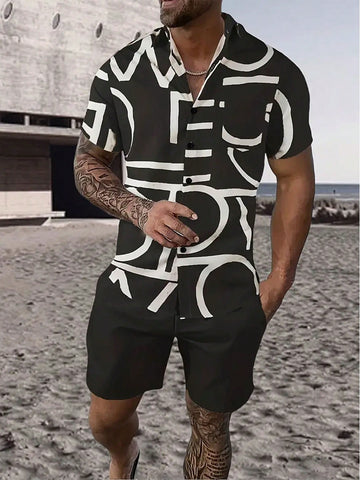 Men's Stylish Summer Black & White Color Block Printed Short Sleeve Shirt
