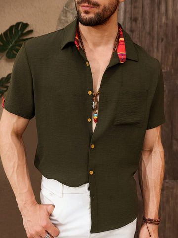 Solid Color Short Sleeve Shirt With Front Buckle, Pocket, And Collar (Irregular Cut)