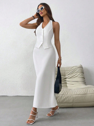 Elegant And Simple Summer Fashion Suit, Sleeveless Vest And Fish Tail Skirt Set, Plus Size, Suitable For Going Out, Office And Dating
