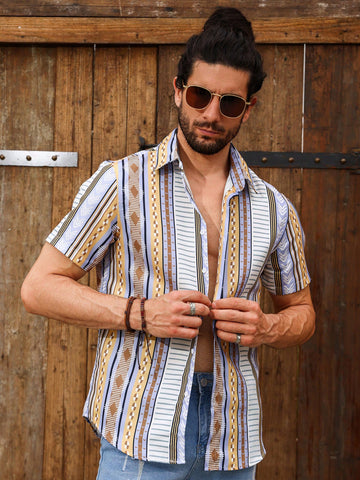 Men Casual Geometric Print Button Front Short Sleeve Vacation Shirt For Summer