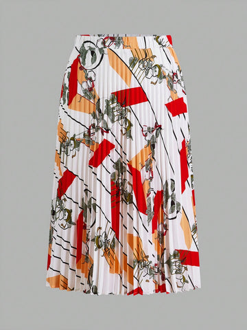 Plus Size Geometric Print Elastic Waist Holiday Style Pleated Summer Skirt
