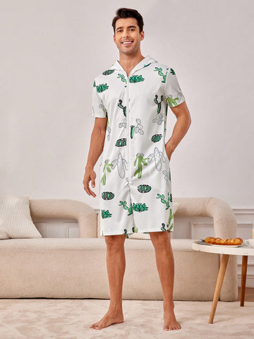 Men's Cactus Printed Casual Short Sleeve Bodysuit, Summer Home Wear