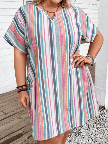 Plus Size Women Summer Notch V Neck Batwing Short Sleeve Striped Loose Straight Casual Dress