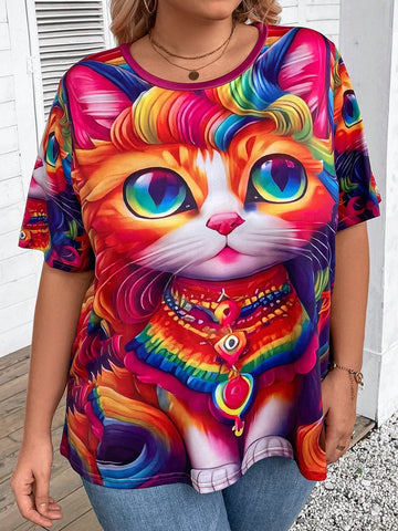 Plus Size Women Summer Casual T-Shirt With Cartoon Cat Print Round Neck Short Sleeve