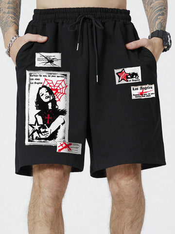 Men's Drawstring Waist Short Pant With Cartoon Slogan Print, For Daily Wear In Spring And Summer