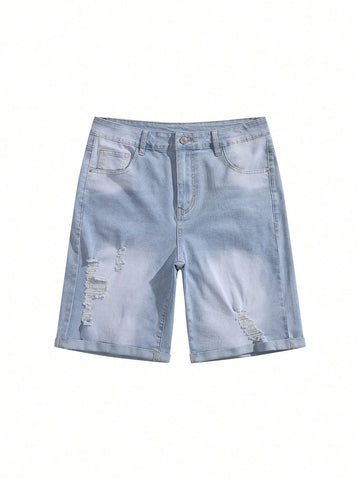 Men's Summer Zipper Fly Distressed Denim Shorts With Pockets, Casual Style