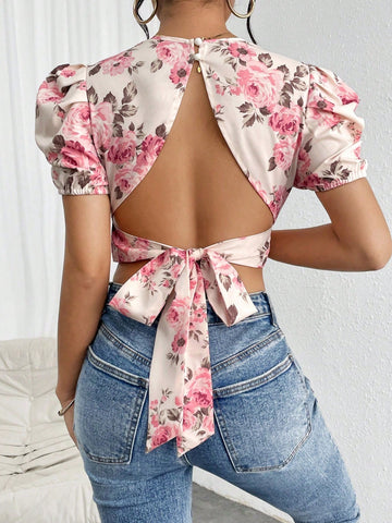 Plus Size Spring/Summer Delicate And Elegant Floral Print Puff Sleeve Hollow Out Back Tie Shirt