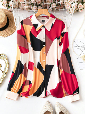 Plus Size Women Geometric Printed Loose Fit Casual Shirt For Spring And Summer