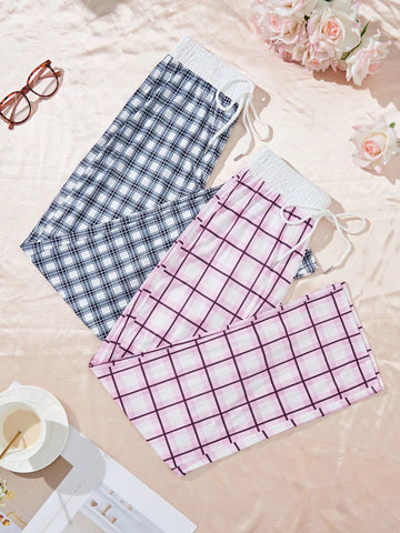 Plus Size Plaid Loose Casual Home Wear Bottoms