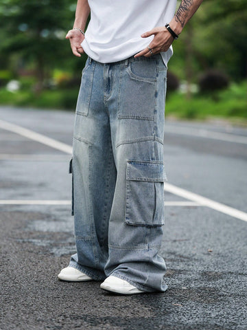 Men's Fashion Solid Color Wide-Leg Jeans With Large Pockets