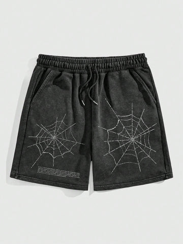 Men's Spiderweb & Slogan Print Drawstring Waist Shorts